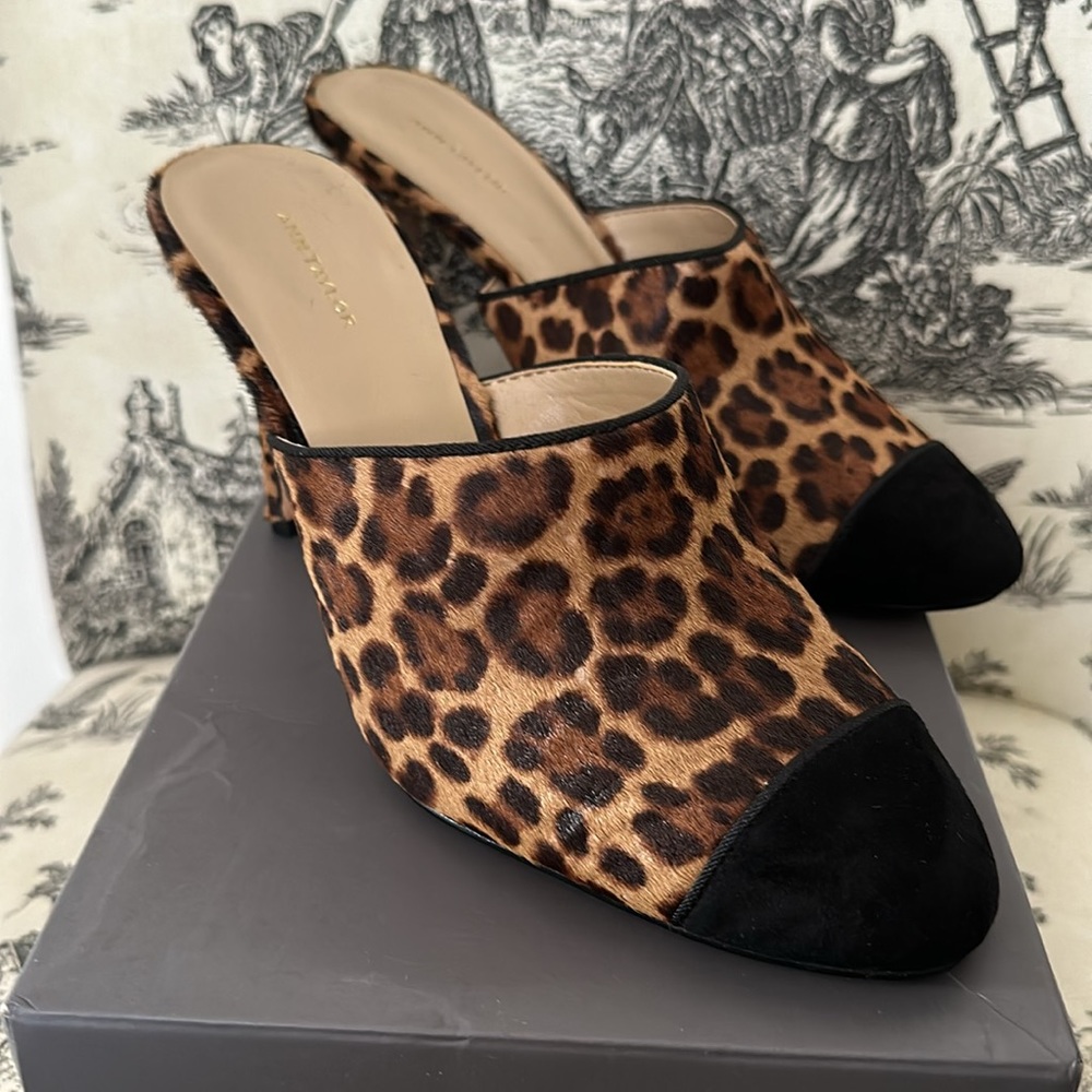 Ann Taylor Caia Hair Calf Mule Pump, sz 8.5, tan/black/brown leopard print, NWT